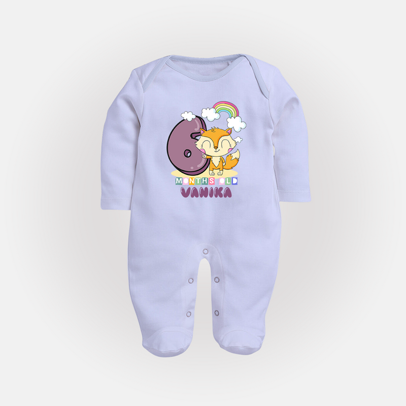 Custom Baby Full Sleeve Bodysuit/ Sleep Suit/ Jumpsuit for 6 Month Milestone | Soft Cotton Full Sleeve Bodysuit/ Sleep Suit/ Jumpsuit | Personalized Name Print - BABY BLUE - New Born (Chest 7.5")