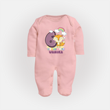 Custom Baby Full Sleeve Bodysuit/ Sleep Suit/ Jumpsuit for 6 Month Milestone | Soft Cotton Full Sleeve Bodysuit/ Sleep Suit/ Jumpsuit | Personalized Name Print - BABY PINK - New Born (Chest 7.5")