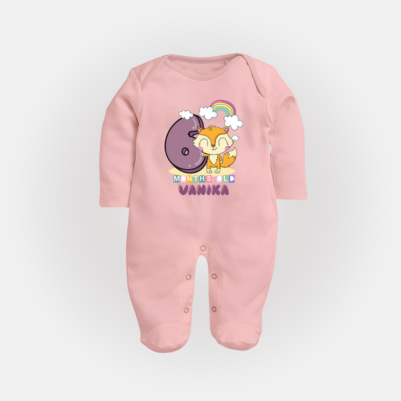 Custom Baby Full Sleeve Bodysuit/ Sleep Suit/ Jumpsuit for 6 Month Milestone | Soft Cotton Full Sleeve Bodysuit/ Sleep Suit/ Jumpsuit | Personalized Name Print - BABY PINK - New Born (Chest 7.5")