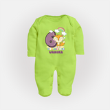 Custom Baby Full Sleeve Bodysuit/ Sleep Suit/ Jumpsuit for 6 Month Milestone | Soft Cotton Full Sleeve Bodysuit/ Sleep Suit/ Jumpsuit | Personalized Name Print - LIME GREEN - New Born (Chest 7.5")