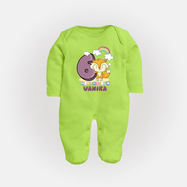 Custom Baby Full Sleeve Bodysuit/ Sleep Suit/ Jumpsuit for 6 Month Milestone | Soft Cotton Full Sleeve Bodysuit/ Sleep Suit/ Jumpsuit | Personalized Name Print - LIME GREEN - New Born (Chest 7.5")