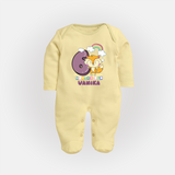 Custom Baby Full Sleeve Bodysuit/ Sleep Suit/ Jumpsuit for 6 Month Milestone | Soft Cotton Full Sleeve Bodysuit/ Sleep Suit/ Jumpsuit | Personalized Name Print - PASTEL YELLOW - New Born (Chest 7.5")