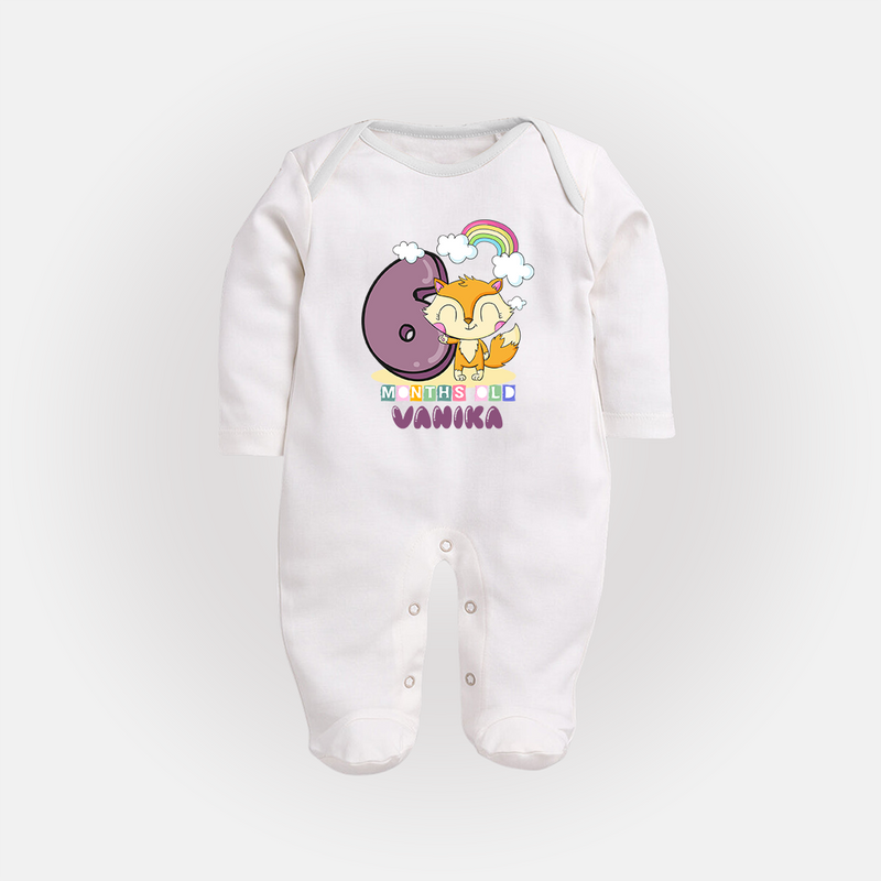 Custom Baby Full Sleeve Bodysuit/ Sleep Suit/ Jumpsuit for 6 Month Milestone | Soft Cotton Full Sleeve Bodysuit/ Sleep Suit/ Jumpsuit | Personalized Name Print - WHITE - New Born (Chest 7.5")