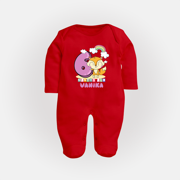 Custom Baby Full Sleeve Bodysuit/ Sleep Suit/ Jumpsuit for 6 Month Milestone | Soft Cotton Full Sleeve Bodysuit/ Sleep Suit/ Jumpsuit | Personalized Name Print - RED - New Born (Chest 7.5")