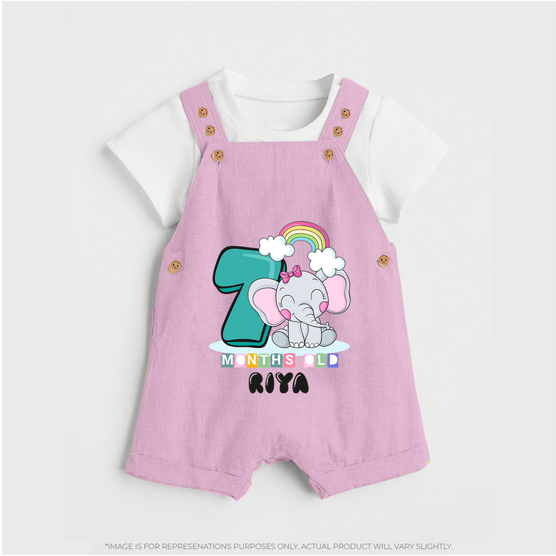 Custom Baby Dungaree Set for 7 Month Milestone | Soft Cotton Dungaree Set | Personalized Name Print - BABY PINK - 0 - 5 Months Old (Chest 18")