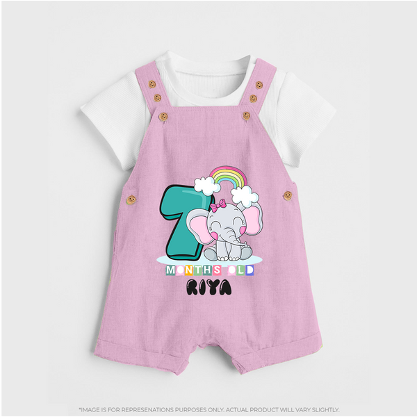 Custom Baby Dungaree Set for 7 Month Milestone | Soft Cotton Dungaree Set | Personalized Name Print - BABY PINK - 0 - 5 Months Old (Chest 18")