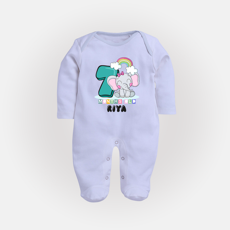 Custom Baby Full Sleeve Bodysuit/ Sleep Suit/ Jumpsuit for 7 Month Milestone | Soft Cotton Full Sleeve Bodysuit/ Sleep Suit/ Jumpsuit | Personalized Name Print - BABY BLUE - New Born (Chest 7.5")
