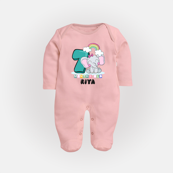 Custom Baby Full Sleeve Bodysuit/ Sleep Suit/ Jumpsuit for 7 Month Milestone | Soft Cotton Full Sleeve Bodysuit/ Sleep Suit/ Jumpsuit | Personalized Name Print - BABY PINK - New Born (Chest 7.5")