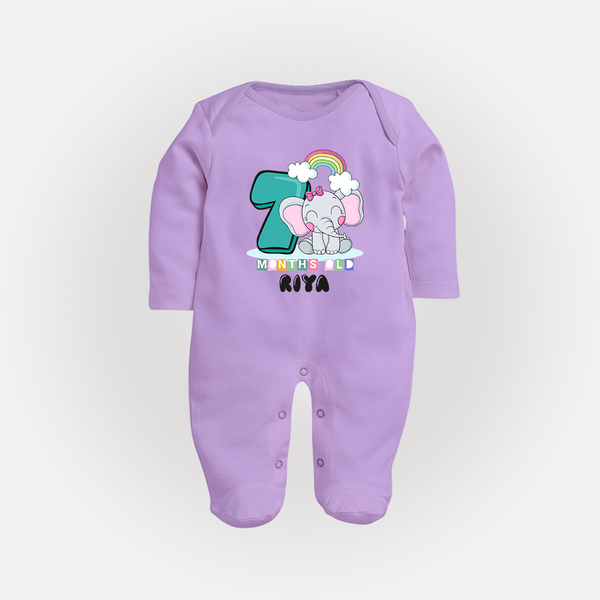 Custom Baby Full Sleeve Bodysuit/ Sleep Suit/ Jumpsuit for 7 Month Milestone | Soft Cotton Full Sleeve Bodysuit/ Sleep Suit/ Jumpsuit | Personalized Name Print - LILAC - New Born (Chest 7.5")