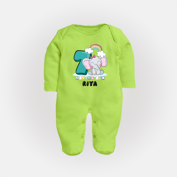Custom Baby Full Sleeve Bodysuit/ Sleep Suit/ Jumpsuit for 7 Month Milestone | Soft Cotton Full Sleeve Bodysuit/ Sleep Suit/ Jumpsuit | Personalized Name Print - LIME GREEN - New Born (Chest 7.5")