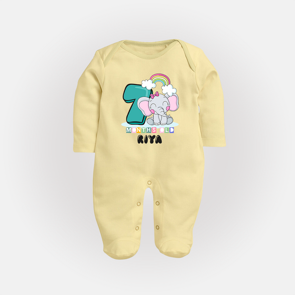 Custom Baby Full Sleeve Bodysuit/ Sleep Suit/ Jumpsuit for 7 Month Milestone | Soft Cotton Full Sleeve Bodysuit/ Sleep Suit/ Jumpsuit | Personalized Name Print - PASTEL YELLOW - New Born (Chest 7.5")
