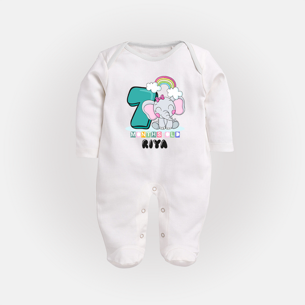 Custom Baby Full Sleeve Bodysuit/ Sleep Suit/ Jumpsuit for 7 Month Milestone | Soft Cotton Full Sleeve Bodysuit/ Sleep Suit/ Jumpsuit | Personalized Name Print - WHITE - New Born (Chest 7.5")