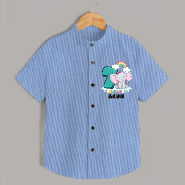 Custom Baby Shirt for 7 Month Milestone | Soft Cotton Shirt | Personalized Name Print - SKY BLUE - 0 - 6 Months Old (Chest 23")