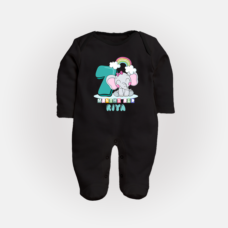 Custom Baby Full Sleeve Bodysuit/ Sleep Suit/ Jumpsuit for 7 Month Milestone | Soft Cotton Full Sleeve Bodysuit/ Sleep Suit/ Jumpsuit | Personalized Name Print - BLACK - New Born (Chest 7.5")