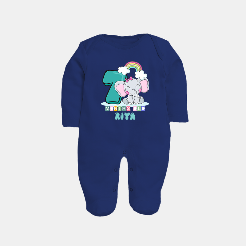 Custom Baby Full Sleeve Bodysuit/ Sleep Suit/ Jumpsuit for 7 Month Milestone | Soft Cotton Full Sleeve Bodysuit/ Sleep Suit/ Jumpsuit | Personalized Name Print - NAVY BLUE - New Born (Chest 7.5")