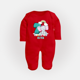 Custom Baby Full Sleeve Bodysuit/ Sleep Suit/ Jumpsuit for 7 Month Milestone | Soft Cotton Full Sleeve Bodysuit/ Sleep Suit/ Jumpsuit | Personalized Name Print - RED - New Born (Chest 7.5")