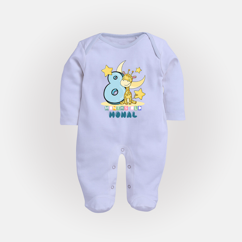 Custom Baby Full Sleeve Bodysuit/ Sleep Suit/ Jumpsuit for 8 Month Milestone | Soft Cotton Full Sleeve Bodysuit/ Sleep Suit/ Jumpsuit | Personalized Name Print - BABY BLUE - New Born (Chest 7.5")