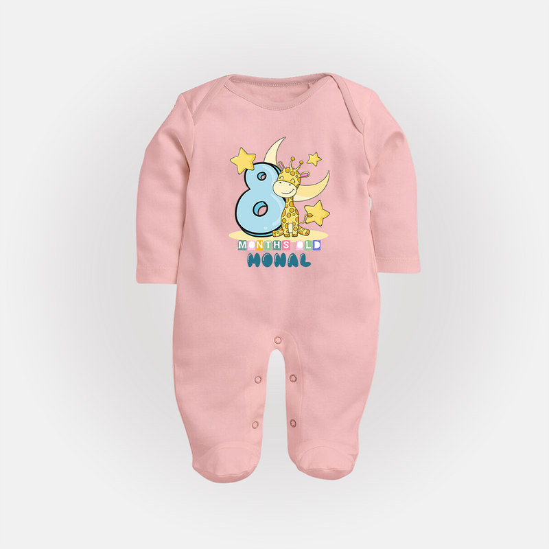 Custom Baby Full Sleeve Bodysuit/ Sleep Suit/ Jumpsuit for 8 Month Milestone | Soft Cotton Full Sleeve Bodysuit/ Sleep Suit/ Jumpsuit | Personalized Name Print - BABY PINK - New Born (Chest 7.5")
