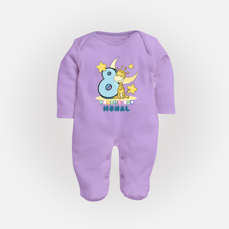 Custom Baby Full Sleeve Bodysuit/ Sleep Suit/ Jumpsuit for 8 Month Milestone | Soft Cotton Full Sleeve Bodysuit/ Sleep Suit/ Jumpsuit | Personalized Name Print - LILAC - New Born (Chest 7.5")