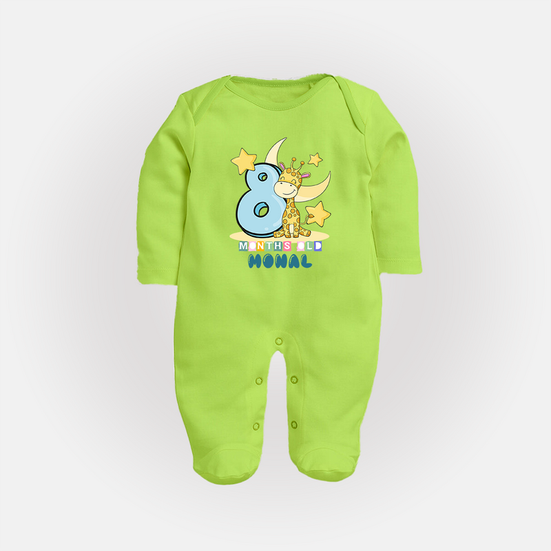 Custom Baby Full Sleeve Bodysuit/ Sleep Suit/ Jumpsuit for 8 Month Milestone | Soft Cotton Full Sleeve Bodysuit/ Sleep Suit/ Jumpsuit | Personalized Name Print - LIME GREEN - New Born (Chest 7.5")