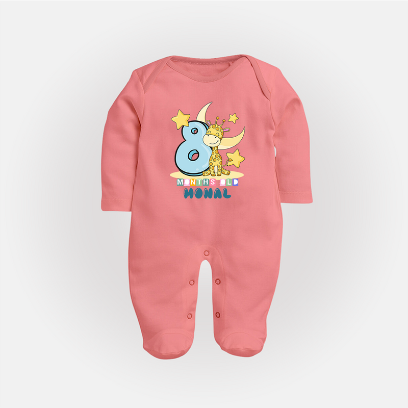 Custom Baby Full Sleeve Bodysuit/ Sleep Suit/ Jumpsuit for 8 Month Milestone | Soft Cotton Full Sleeve Bodysuit/ Sleep Suit/ Jumpsuit | Personalized Name Print - PEACH - New Born (Chest 7.5")