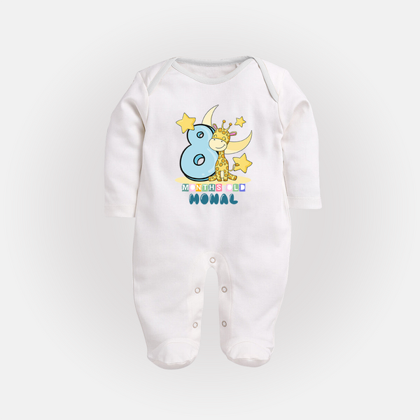 Custom Baby Full Sleeve Bodysuit/ Sleep Suit/ Jumpsuit for 8 Month Milestone | Soft Cotton Full Sleeve Bodysuit/ Sleep Suit/ Jumpsuit | Personalized Name Print - WHITE - New Born (Chest 7.5")