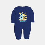 Custom Baby Full Sleeve Bodysuit/ Sleep Suit/ Jumpsuit for 8 Month Milestone | Soft Cotton Full Sleeve Bodysuit/ Sleep Suit/ Jumpsuit | Personalized Name Print - NAVY BLUE - New Born (Chest 7.5")
