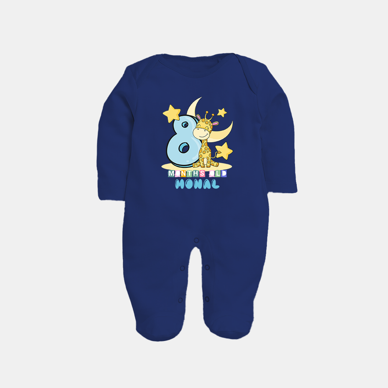 Custom Baby Full Sleeve Bodysuit/ Sleep Suit/ Jumpsuit for 8 Month Milestone | Soft Cotton Full Sleeve Bodysuit/ Sleep Suit/ Jumpsuit | Personalized Name Print - NAVY BLUE - New Born (Chest 7.5")