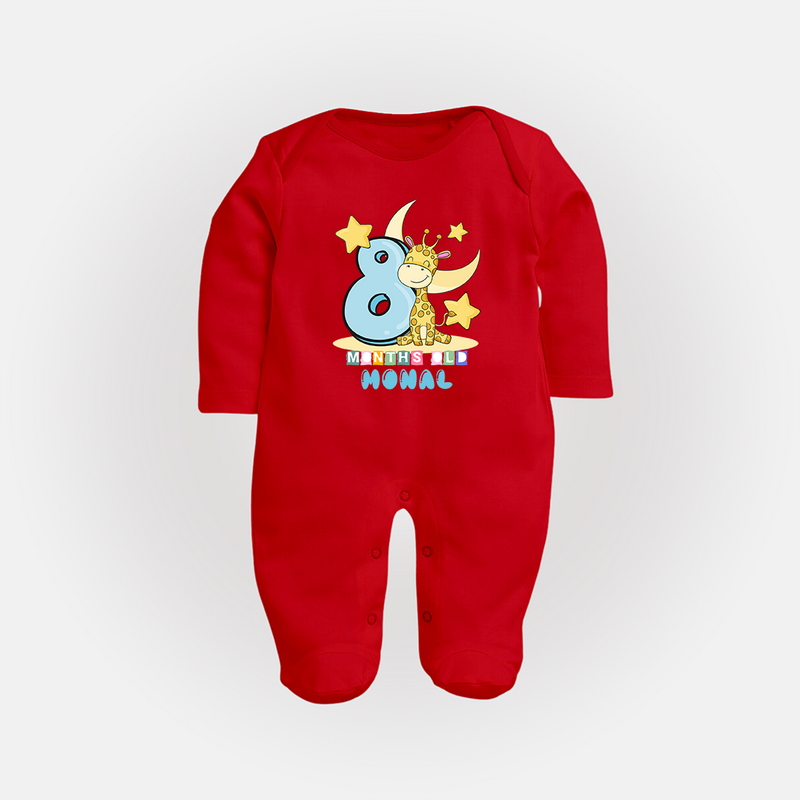 Custom Baby Full Sleeve Bodysuit/ Sleep Suit/ Jumpsuit for 8 Month Milestone | Soft Cotton Full Sleeve Bodysuit/ Sleep Suit/ Jumpsuit | Personalized Name Print - RED - New Born (Chest 7.5")