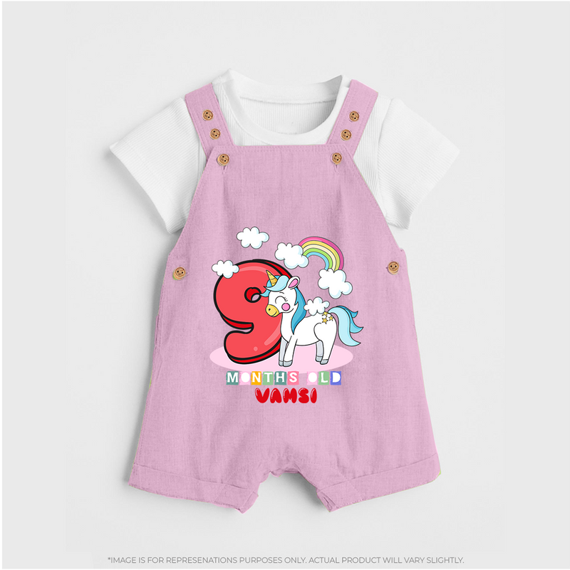 Custom Baby Dungaree Set for 9 Month Milestone | Soft Cotton Dungaree Set | Personalized Name Print - BABY PINK - 0 - 5 Months Old (Chest 18")