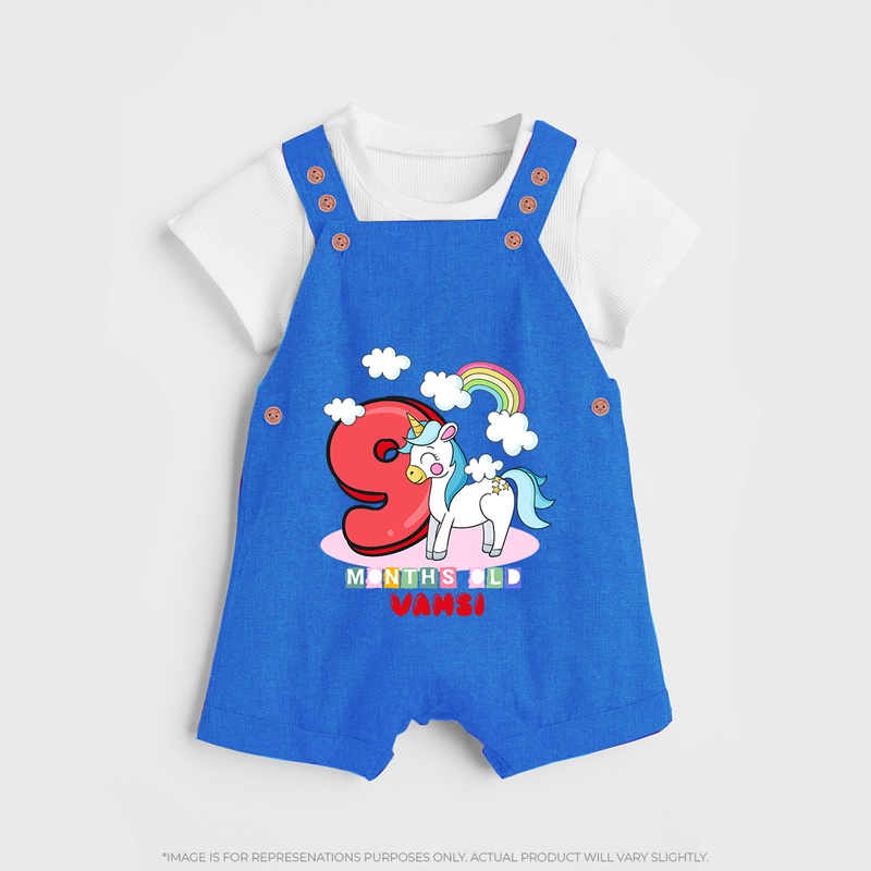 Custom Baby Dungaree Set for 9 Month Milestone | Soft Cotton Dungaree Set | Personalized Name Print - COBALT BLUE - 0 - 5 Months Old (Chest 18")