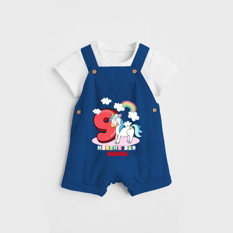 Celebrate The 9th Month Birthday Custom Dungaree, Personalized with your Little one's name - COBALT BLUE - 0 - 5 Months Old (Chest 17")