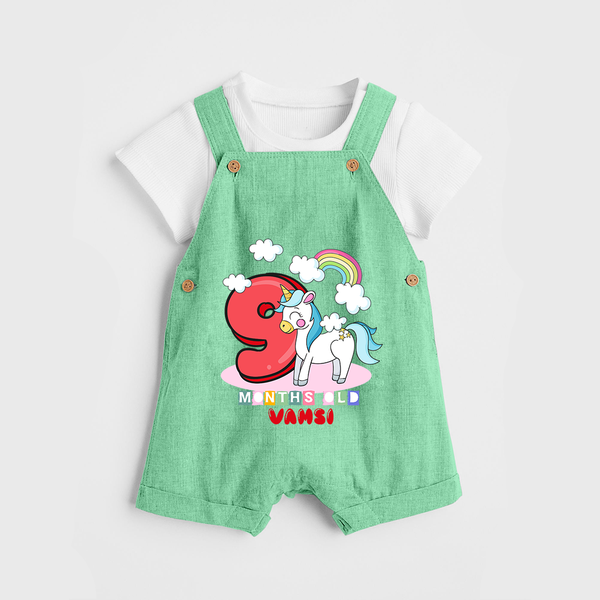 Custom Baby Dungaree Set for 9 Month Milestone | Soft Cotton Dungaree Set | Personalized Name Print - GREEN - 0 - 5 Months Old (Chest 18")
