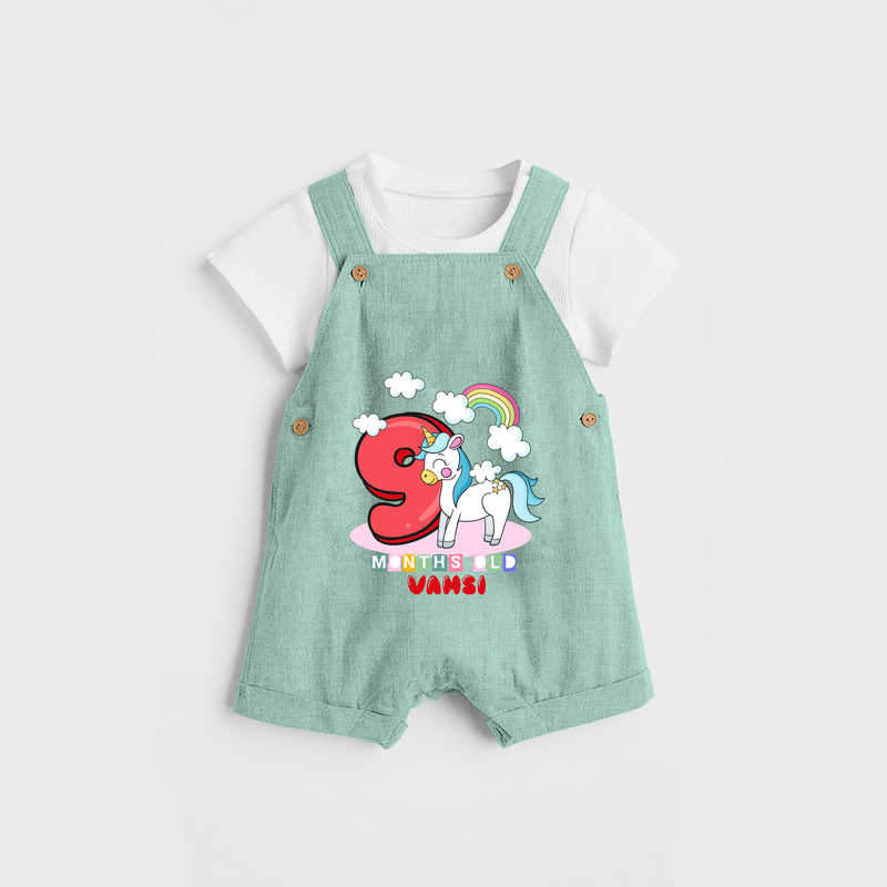 Celebrate The 9th Month Birthday Custom Dungaree, Personalized with your Little one's name - LIGHT GREEN - 0 - 5 Months Old (Chest 17")