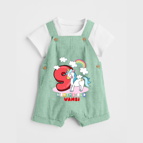 Custom Baby Dungaree Set for 9 Month Milestone | Soft Cotton Dungaree Set | Personalized Name Print - MINT GREEN - 0 - 5 Months Old (Chest 18")
