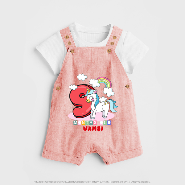 Custom Baby Dungaree Set for 9 Month Milestone | Soft Cotton Dungaree Set | Personalized Name Print - PEACH - 0 - 5 Months Old (Chest 18")