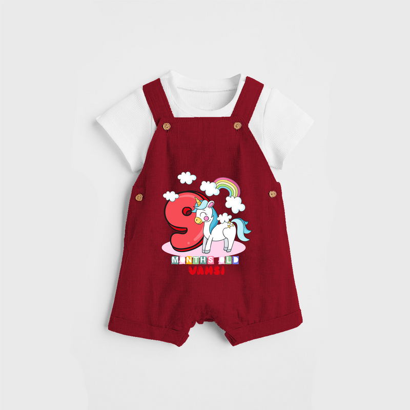 Celebrate The 9th Month Birthday Custom Dungaree, Personalized with your Little one's name - RED - 0 - 5 Months Old (Chest 17")