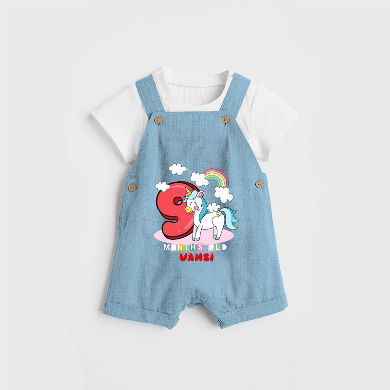 Celebrate The 9th Month Birthday Custom Dungaree, Personalized with your Little one's name - SKY BLUE - 0 - 5 Months Old (Chest 17")