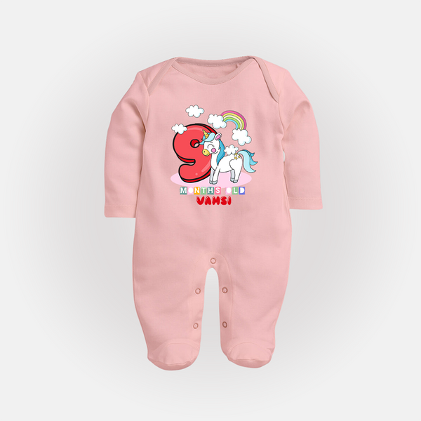 Custom Baby Full Sleeve Bodysuit/ Sleep Suit/ Jumpsuit for 9 Month Milestone | Soft Cotton Full Sleeve Bodysuit/ Sleep Suit/ Jumpsuit | Personalized Name Print - BABY PINK - New Born (Chest 7.5")