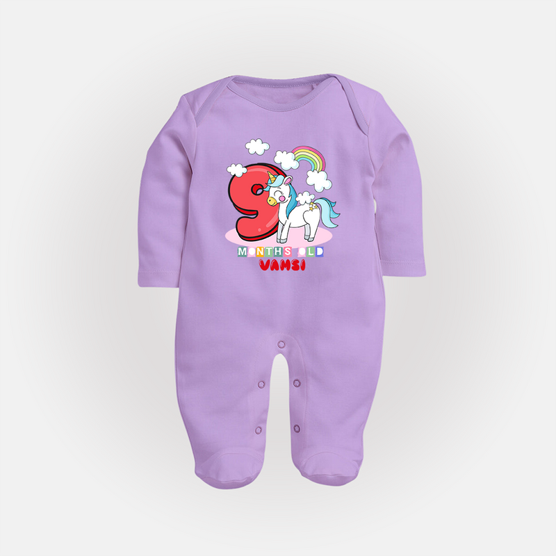 Custom Baby Full Sleeve Bodysuit/ Sleep Suit/ Jumpsuit for 9 Month Milestone | Soft Cotton Full Sleeve Bodysuit/ Sleep Suit/ Jumpsuit | Personalized Name Print - LILAC - New Born (Chest 7.5")