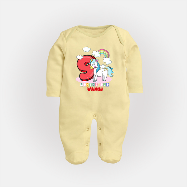 Custom Baby Full Sleeve Bodysuit/ Sleep Suit/ Jumpsuit for 9 Month Milestone | Soft Cotton Full Sleeve Bodysuit/ Sleep Suit/ Jumpsuit | Personalized Name Print - PASTEL YELLOW - New Born (Chest 7.5")