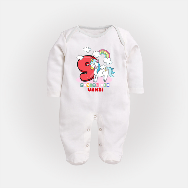 Custom Baby Full Sleeve Bodysuit/ Sleep Suit/ Jumpsuit for 9 Month Milestone | Soft Cotton Full Sleeve Bodysuit/ Sleep Suit/ Jumpsuit | Personalized Name Print - WHITE - New Born (Chest 7.5")