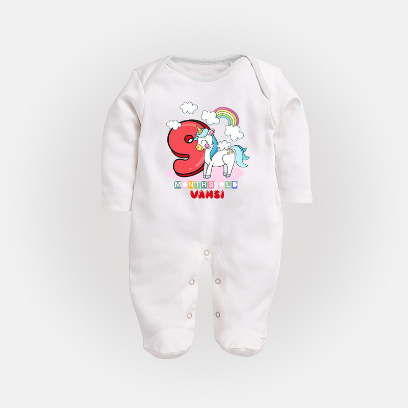 Custom Baby Full Sleeve Bodysuit/ Sleep Suit/ Jumpsuit for 9 Month Milestone | Soft Cotton Full Sleeve Bodysuit/ Sleep Suit/ Jumpsuit | Personalized Name Print - WHITE - New Born (Chest 7.5")
