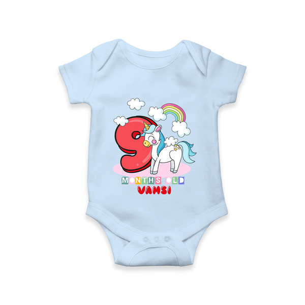 Custom Baby Romper/Onesie for 9 Month Milestone | Soft Cotton Bodysuit | Personalized Name Print - BABY BLUE - New Born (Chest 14")
