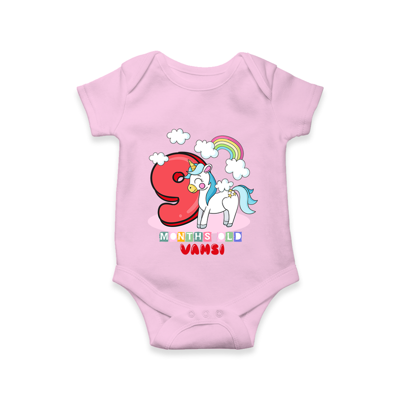 Custom Baby Romper/Onesie for 9 Month Milestone | Soft Cotton Bodysuit | Personalized Name Print - BABY PINK - New Born (Chest 14")