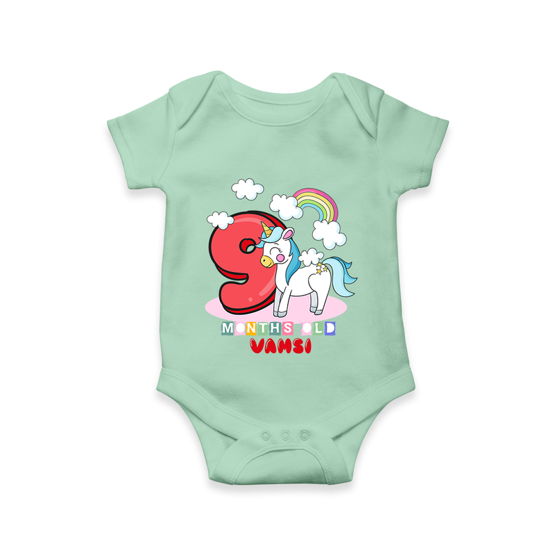 Custom Baby Romper/Onesie for 9 Month Milestone | Soft Cotton Bodysuit | Personalized Name Print - MINT GREEN - New Born (Chest 14")
