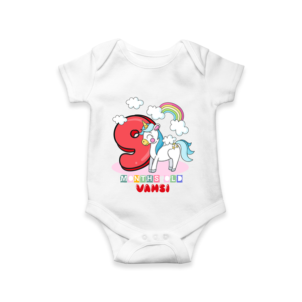 Custom Baby Romper/Onesie for 9 Month Milestone | Soft Cotton Bodysuit | Personalized Name Print - WHITE - New Born (Chest 14")