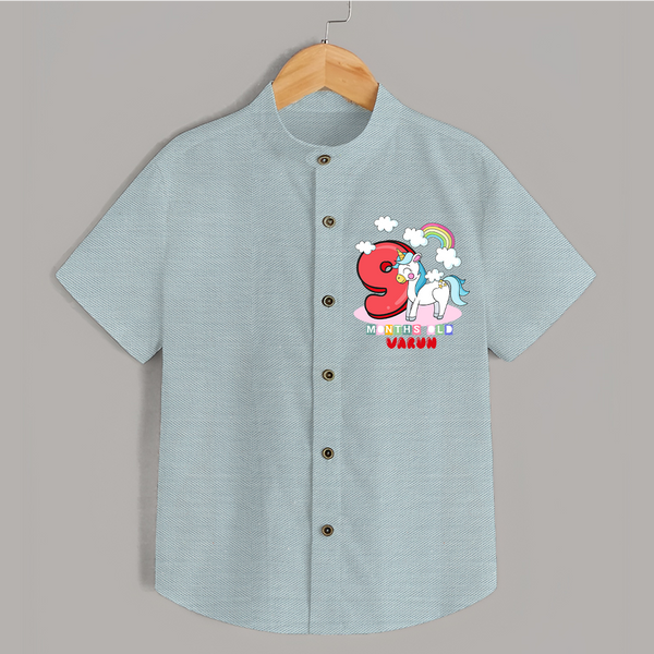 Custom Baby Shirt for 9 Month Milestone | Soft Cotton Shirt | Personalized Name Print - ARCTIC BLUE - 0 - 6 Months Old (Chest 23")