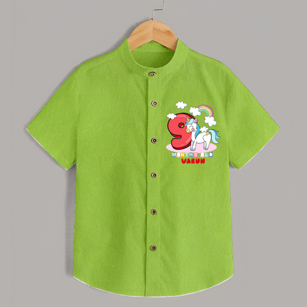 Custom Baby Shirt for 9 Month Milestone | Soft Cotton Shirt | Personalized Name Print - LIME GREEN - 0 - 6 Months Old (Chest 23")