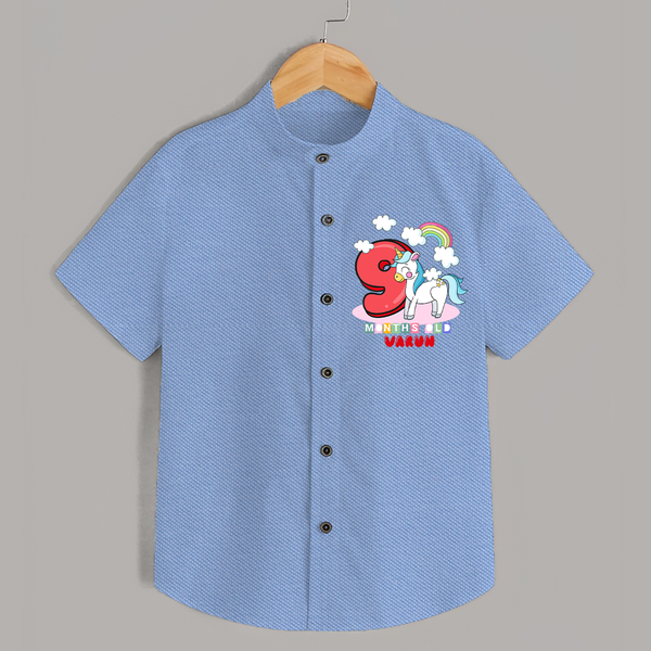 Custom Baby Shirt for 9 Month Milestone | Soft Cotton Shirt | Personalized Name Print - SKY BLUE - 0 - 6 Months Old (Chest 23")